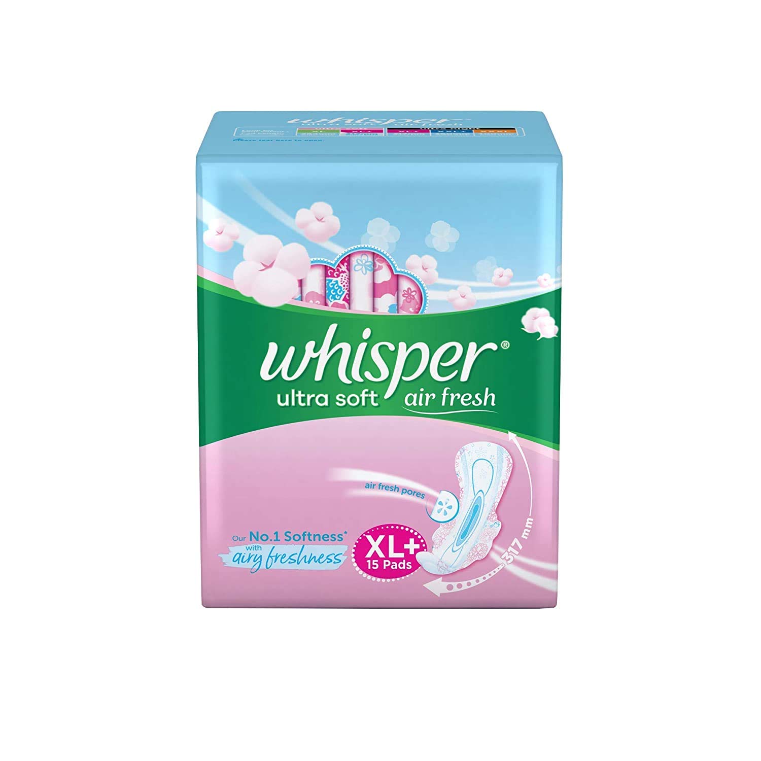 Whisper Ultra Soft Air Fresh Sanitary Pads - XL Plus, 15 Pcs