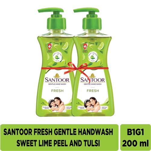 Santoor Gentle Handwash - Fresh Sweet Lime Peel & Tulsi, 200 ml Buy 1 Get 1 Free