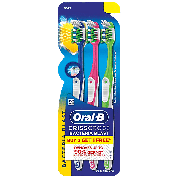 Oral-B Bacteria Blast Toothbrush - With Criss Cross Bristles, Soft, 1 pc (Buy 2 Get 1 Free)
