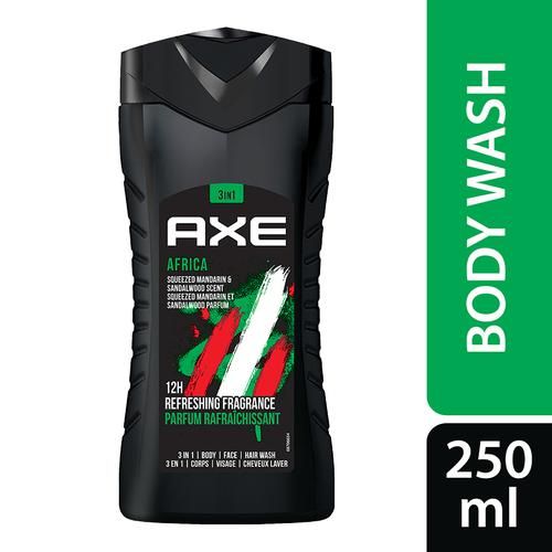Axe Africa 3 In 1 Body Wash - For Men, Squeezed Mandarin & Sandalwood Scent, Long-Lasting Fragrance, 250 ml