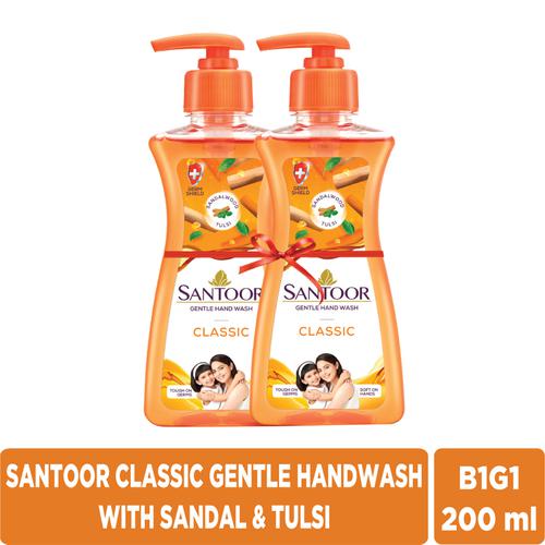 Santoor Gentle Handwash - Classic, Tough On Germs, 200 ml Buy 1 Get 1 Free