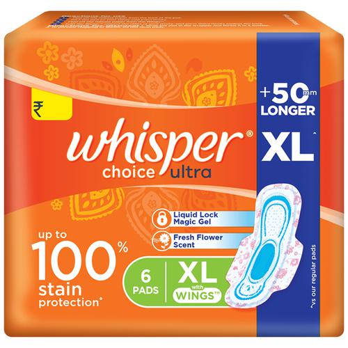 Whisper Choice Sanitary Napkins  Ultra With Wings, Xl, 6pc