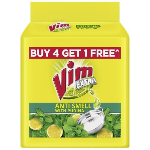 Vim Extra Dishwash Bar - Anti Smell With Pudina Extract , Clears Oil, Grease & Tough Stains, 200 g (Pack of 5)