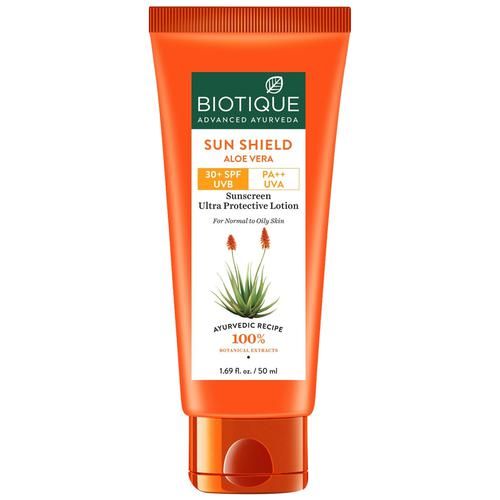 BIOTIQUE Sunscreen Ultra Protective Lotion - Sun Shield, Aloe Vera, 30+ SPF UVB, For Normal To Oil Skin, 50 ml