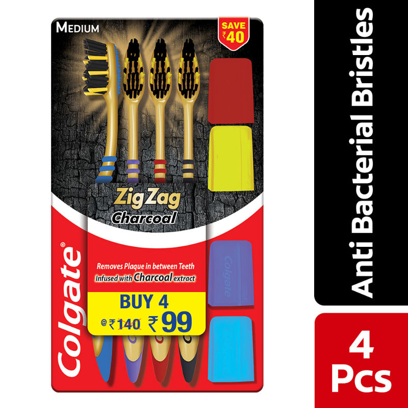 Colgate ZigZag Charcoal Medium Bristle Toothbrush  4 Pcs