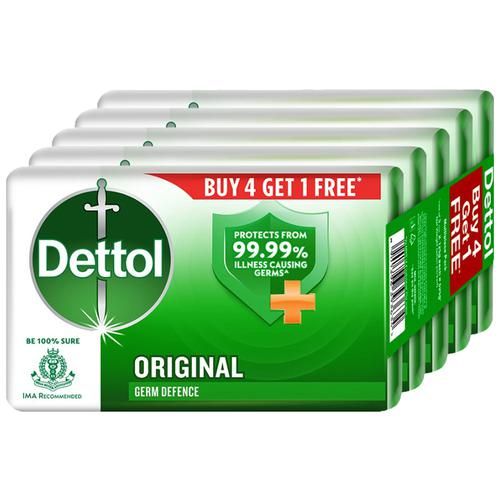 Dettol Bathing Soap Bar - Original, 99.99% Germ Protection, Dermatologically Tested, 125G Buy 4 Get 1 Free
