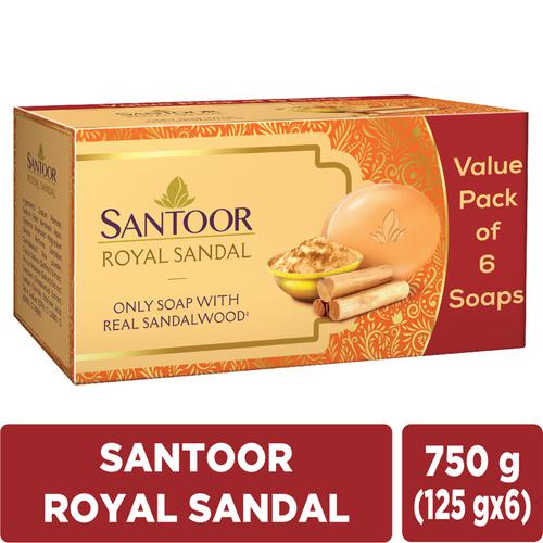 Santoor Bathing Soap - Royal Sandal, 125 g (Pack of 6)