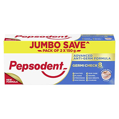 Pepsodent Germicheck 300g 150g x 2 Pack of 2 8 Actions Whole Mouth Cavity Protection Plaque Removal Toothpaste With AntiGerm Formula Clove And Neem Oil Jumbo Save Pack