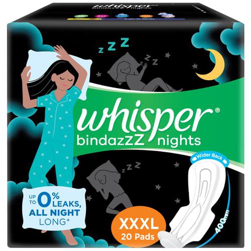 Whisper  Bindazzz Nights Sanitary Pads - Wider Back, Up To 0% Leak, Provides All Night Protection, XXXL, 20 pcs