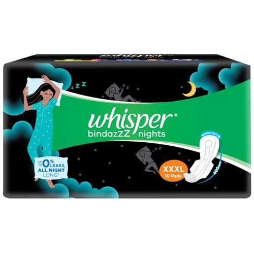 Whisper  Bindazzz Nights Sanitary Pads - Wider Back, Up To 0% Leak, Provides All Night Protection, XXXL, 10 pcs